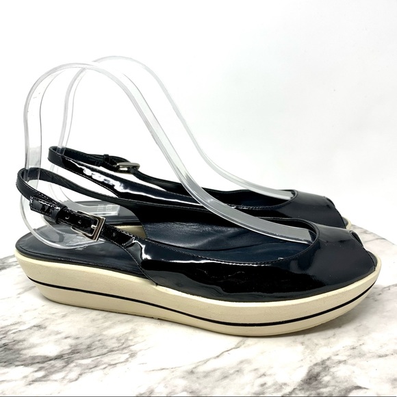 Stuart Weitzman Peep Toe Slingback Flatform two tone patent leather black 7.5 - Picture 13 of 13